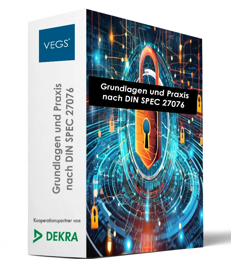 Grundlagen und Praxis der IT-Sicherheit nach DIN 27076 1 Produktcover: Grundlagen und Praxis der IT-Sicherheit nach DIN SPEC 27076 mit Schloss-Symbol und VEGS sowie DEKRA Logo