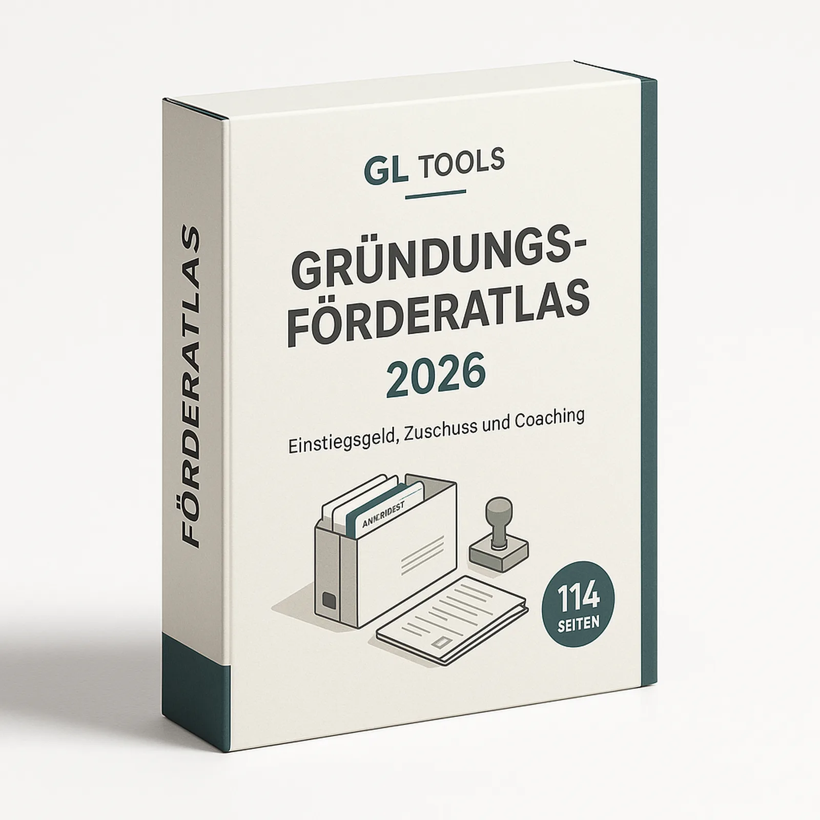 Buchcover Gründungs-Förderatlas 2026 von GL Tools in 3D-Perspektive mit Illustrationen von Ordner und Stempel