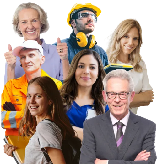Guthaben-Booster Marktplatz – Kurs zum Online-Geldverdienen 4 Gruppenfoto mit acht Personen verschiedener Berufe und Altersgruppen, darunter Handwerker, Büroarbeitern und Fachkräfte