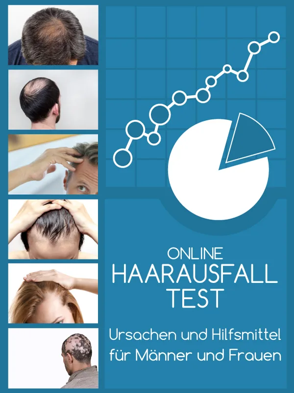 Hero-Grafik Haarausfall Test mit verschiedenen Haarausfalltypen, Diagramm und Pie-Chart auf blauem Hintergrund