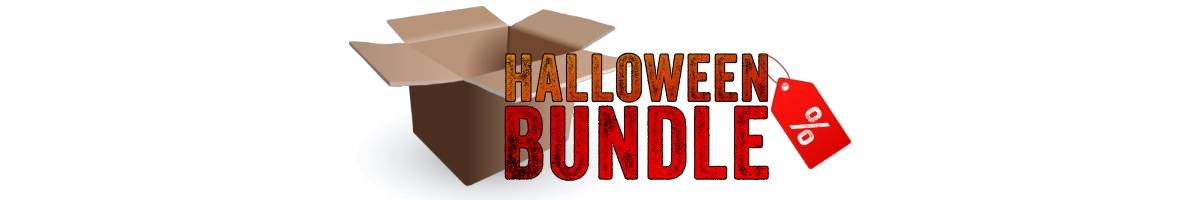 Halloween Bundle Hero-Banner mit aufgeöffneter Kartonbox und rotem Rabatt-Tag