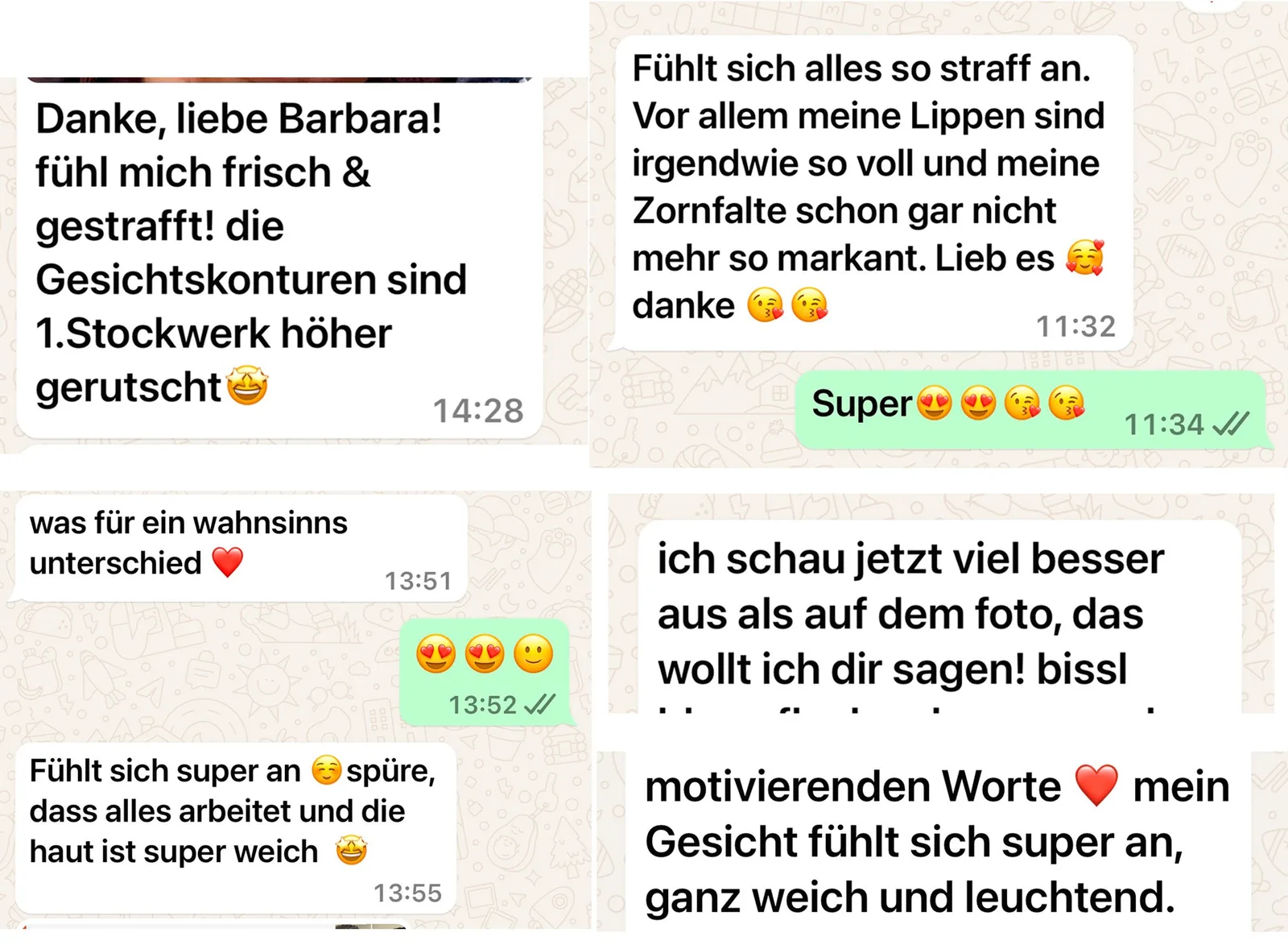 Kundenstimmen Handmade Beauty Secrets, WhatsApp-Nachrichten mit positiven Bewertungen, Hautstraffung, Lippen voller