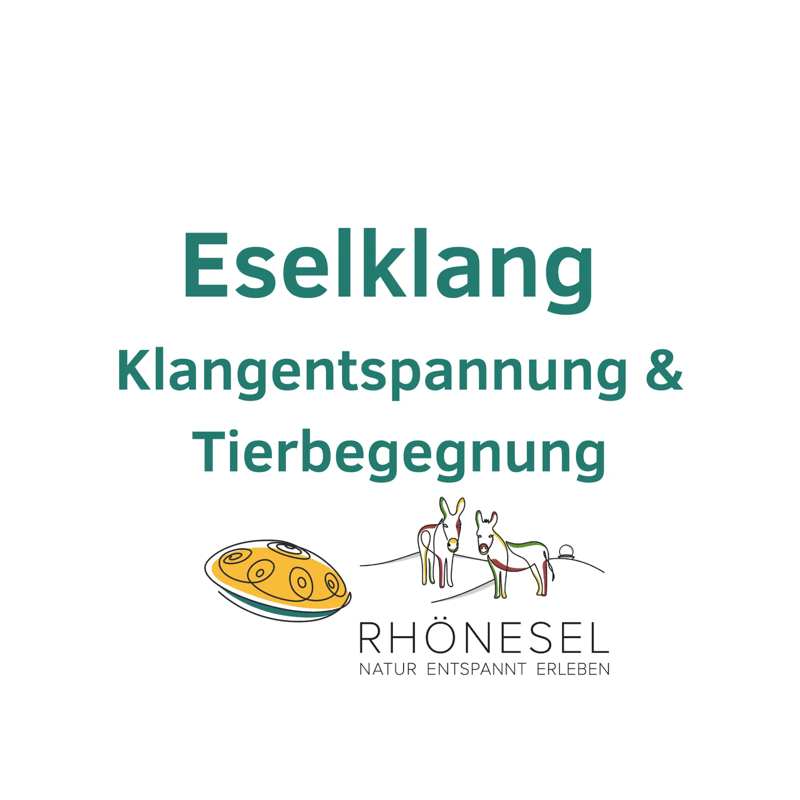 Weiße Fläche mit Handpan und Rhönesel Logo, Text in Grün