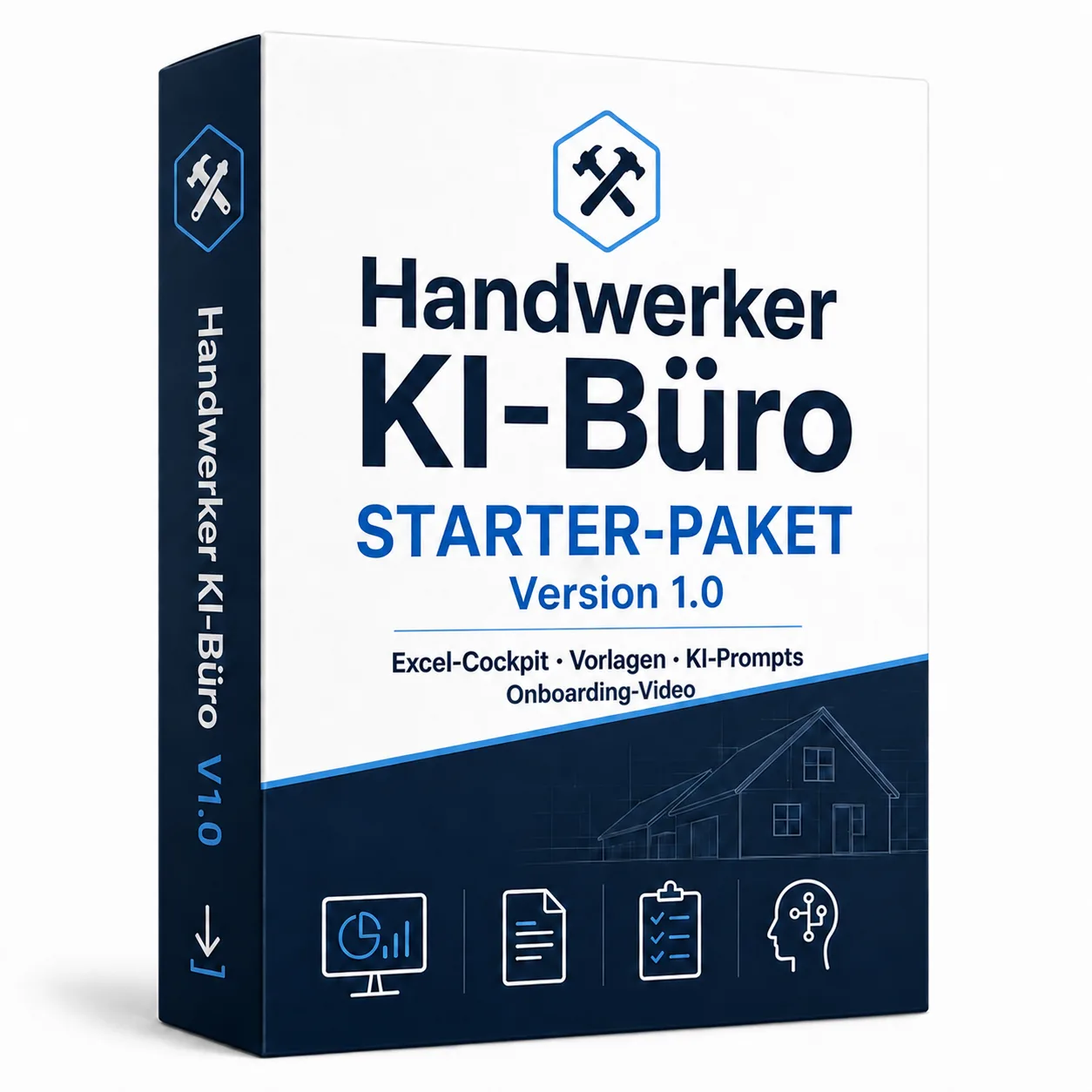 Produktbox Handwerker KI-Büro Starter-Paket Version 1.0 mit Hammer-Icon und Haus-Grafik