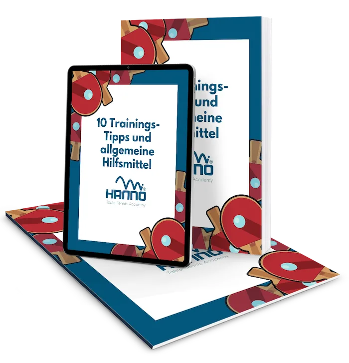 Cover-Mockup 10 Trainings-Tipps und allgemeine Hilfsmittel auf Tablet und Buch mit Tischtennis-Grafiken