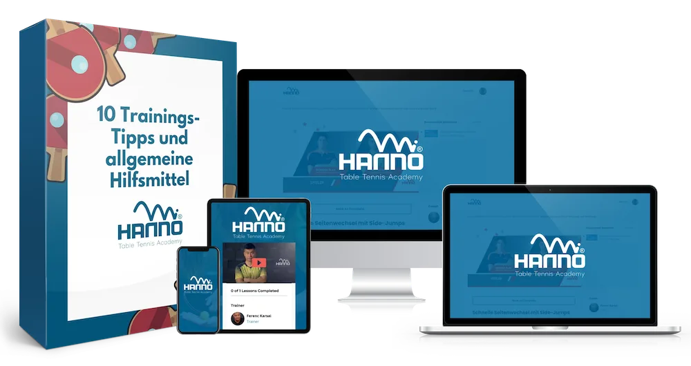 Mockup der HANNO Table Tennis Academy auf Geräten (Smartphone, Tablet, Monitor, Laptop) mit Box und Tischtennisschläger
