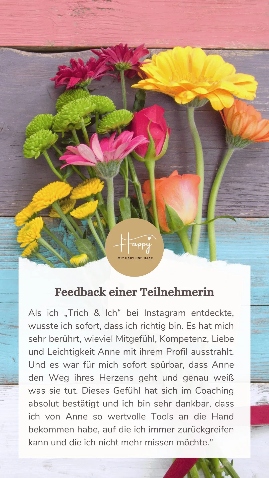 Bunte Gerberas auf Holzuntergrund mit Logo und Kundenfeedback zu Selbstvertrauen