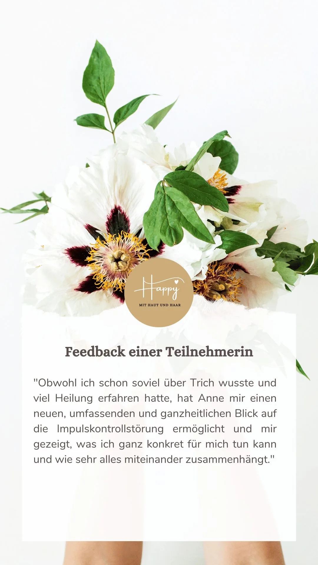 Weiße Clematis-Blüten mit Logo und Kundenfeedback zu Impulskontrollstörung