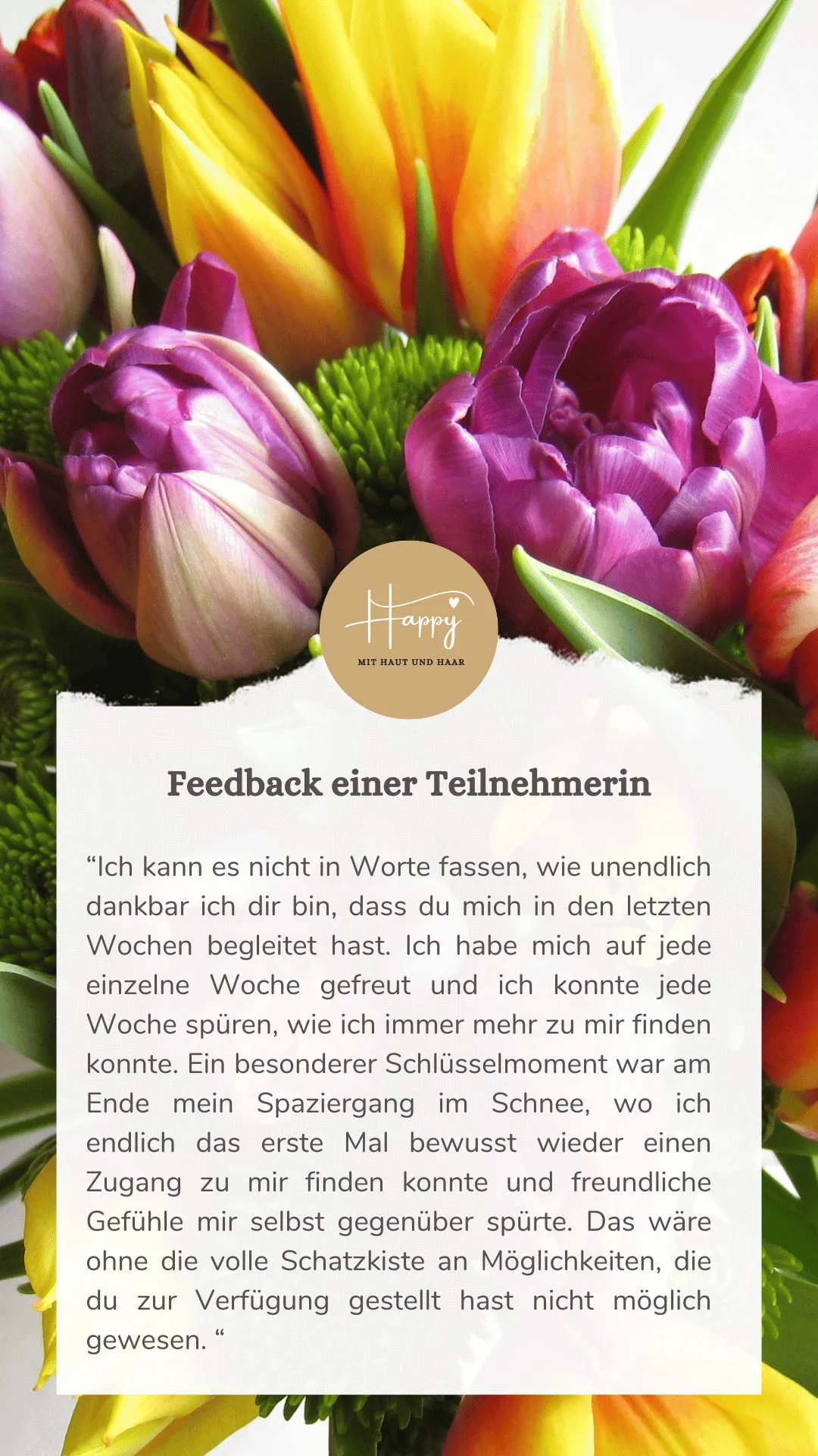 Kundenstimme zum Coaching mit farbenfroh gemischtem Tulpen-Strauß