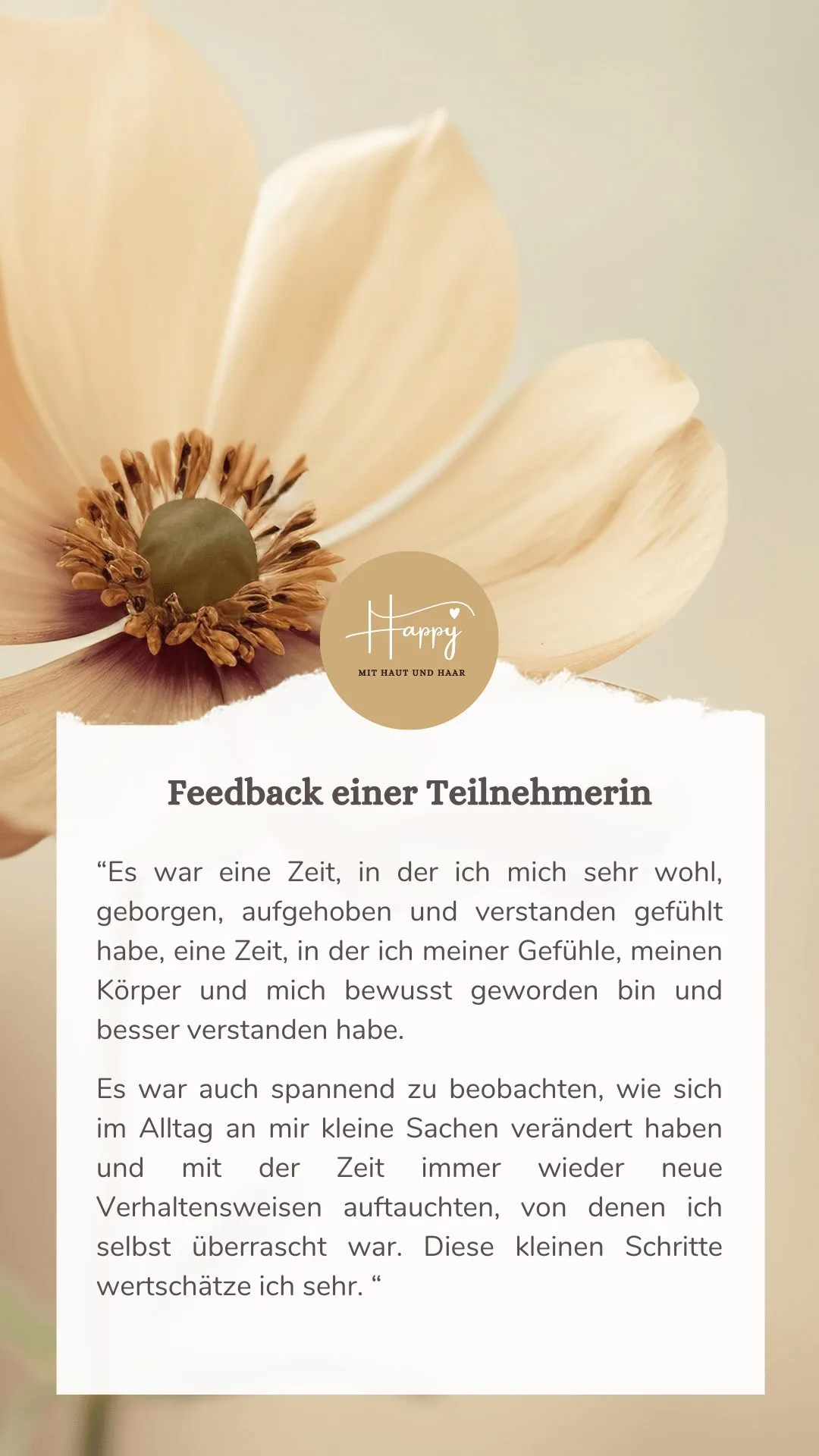 Kundenstimme zum 12-Wochen-Programm mit cremefarbener Malvenblüte