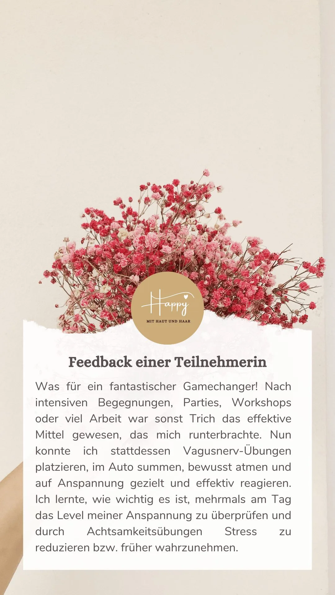 Getrocknete rosa Nelken mit Logo und Kundenfeedback zu Vagusnerv-Übungen