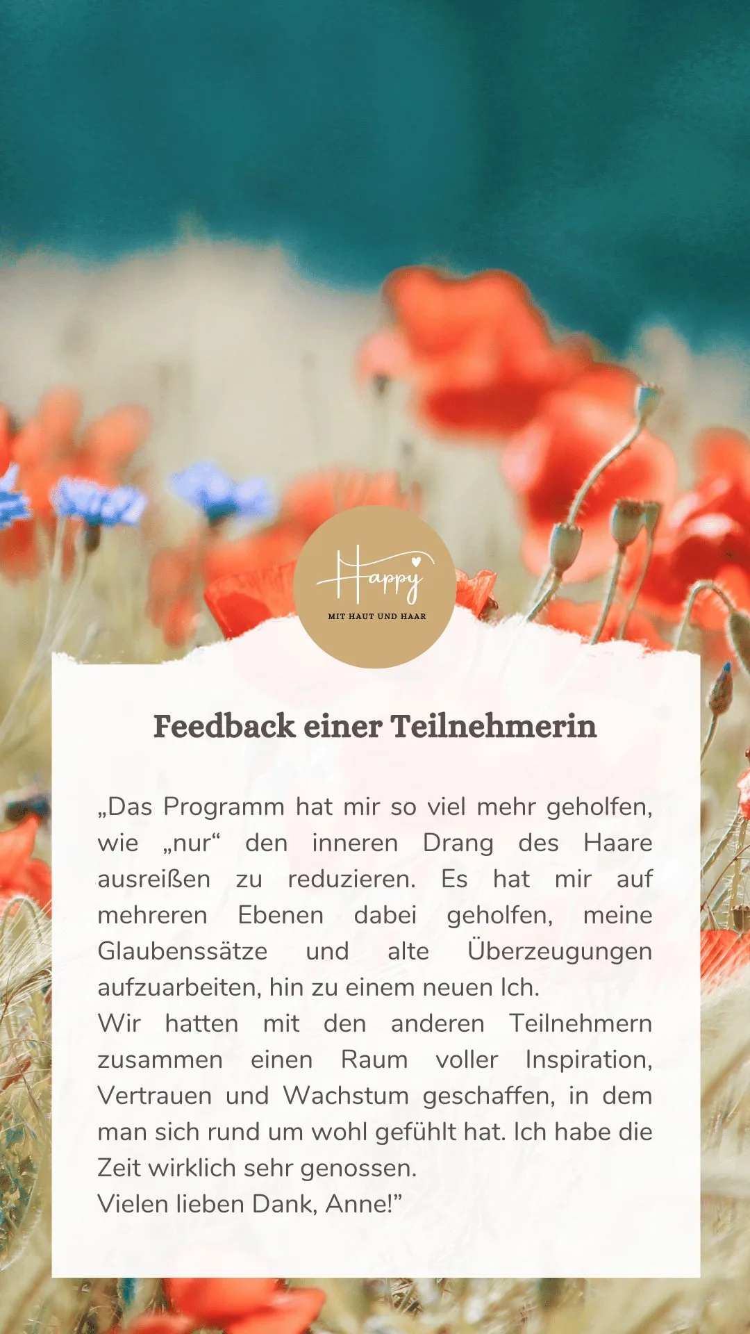 Mohnblumen-Feld mit Logo und Kundenfeedback zur Trichotillomanie-Behandlung