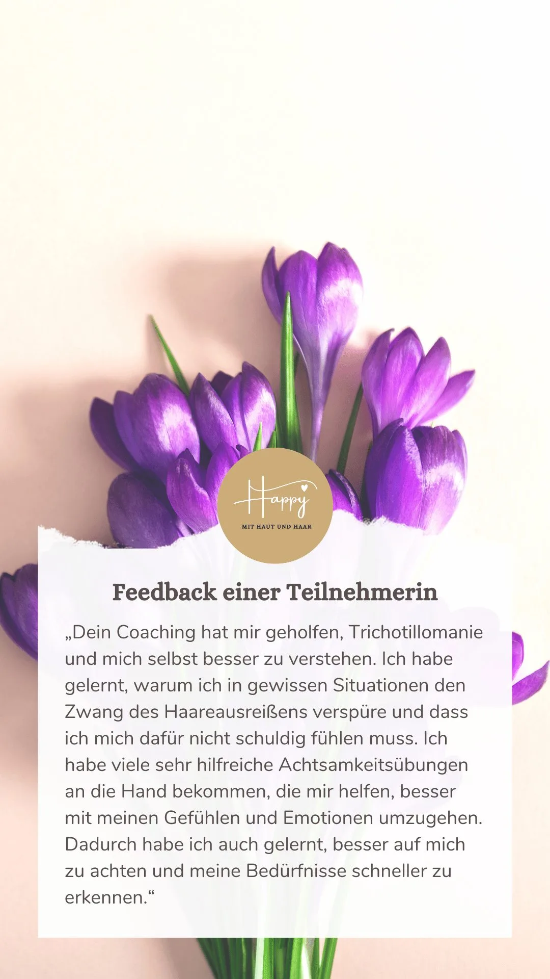 Violette Krokus-Blüten mit Logo und Kundenfeedback zu Achtsamkeitsübungen