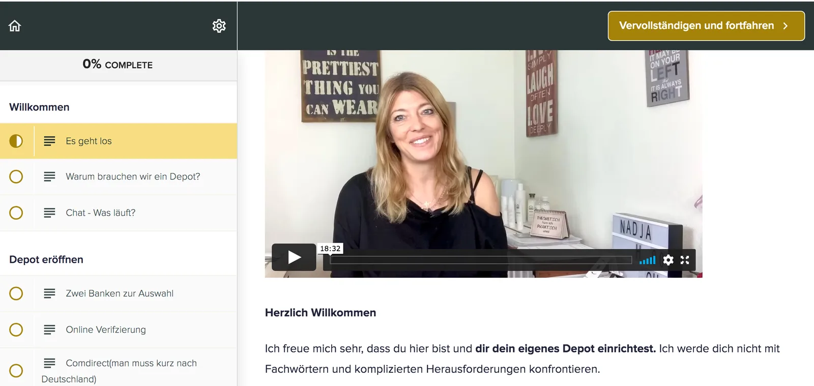 Screenshot des Happy Money Girl Invest Kurses mit Willkommensektion und Video-Lektion von Nadja Horlacher