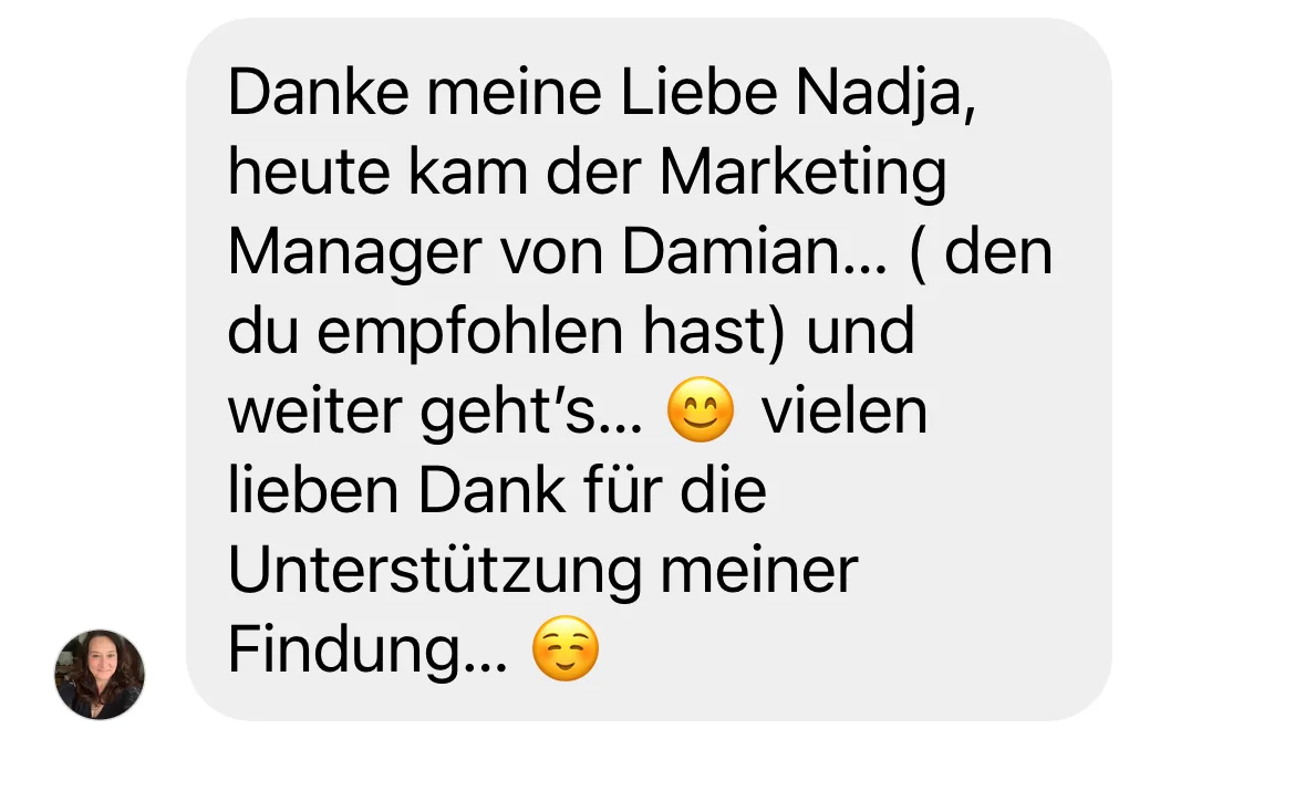 WhatsApp-Nachricht einer Kundin über Marketing Manager Karriereerfolg durch Happy Money Girl Unterstützung