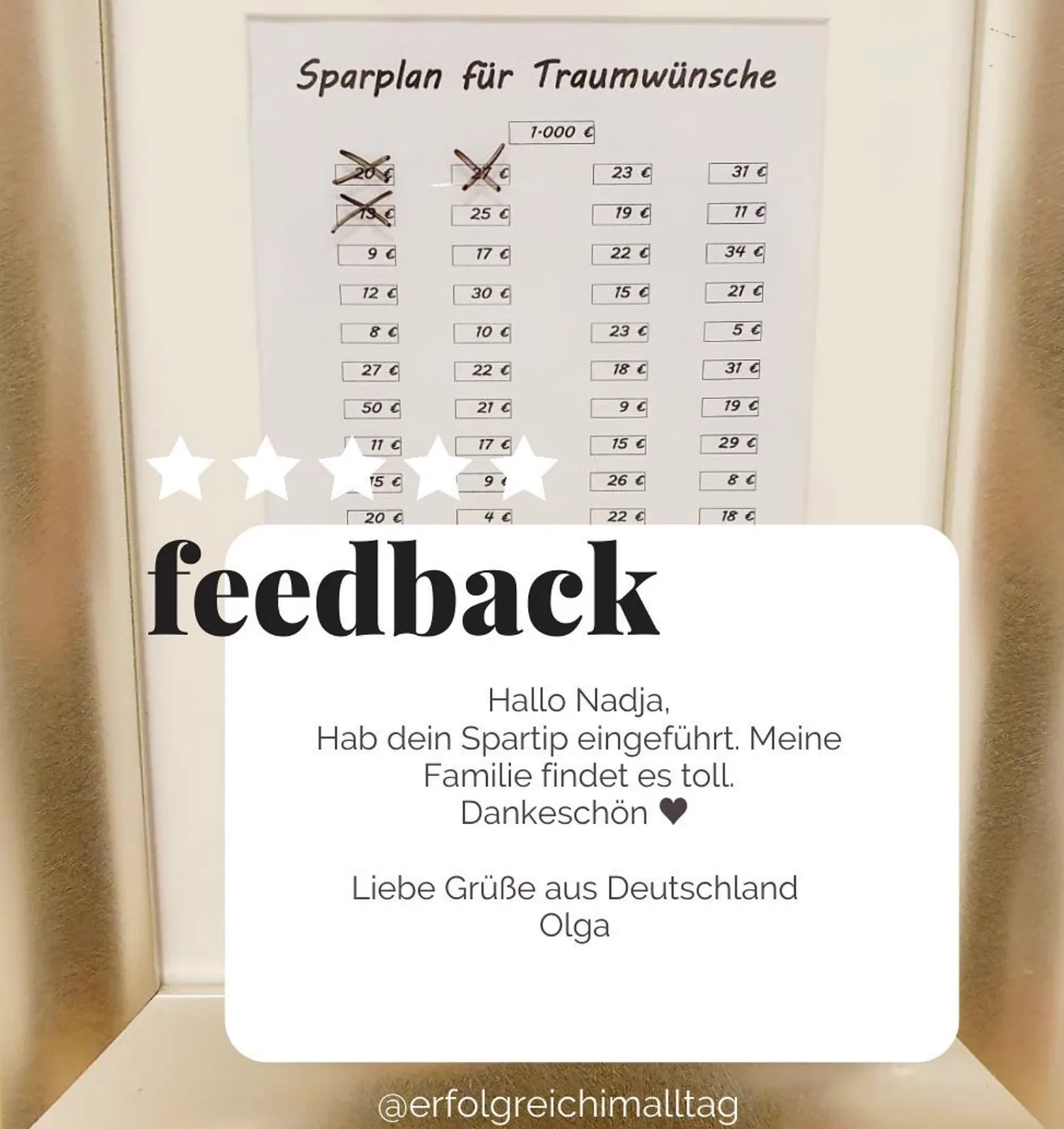 Kundenbewertung mit Foto von Sparplan für Traumwünsche und vier Sternen
