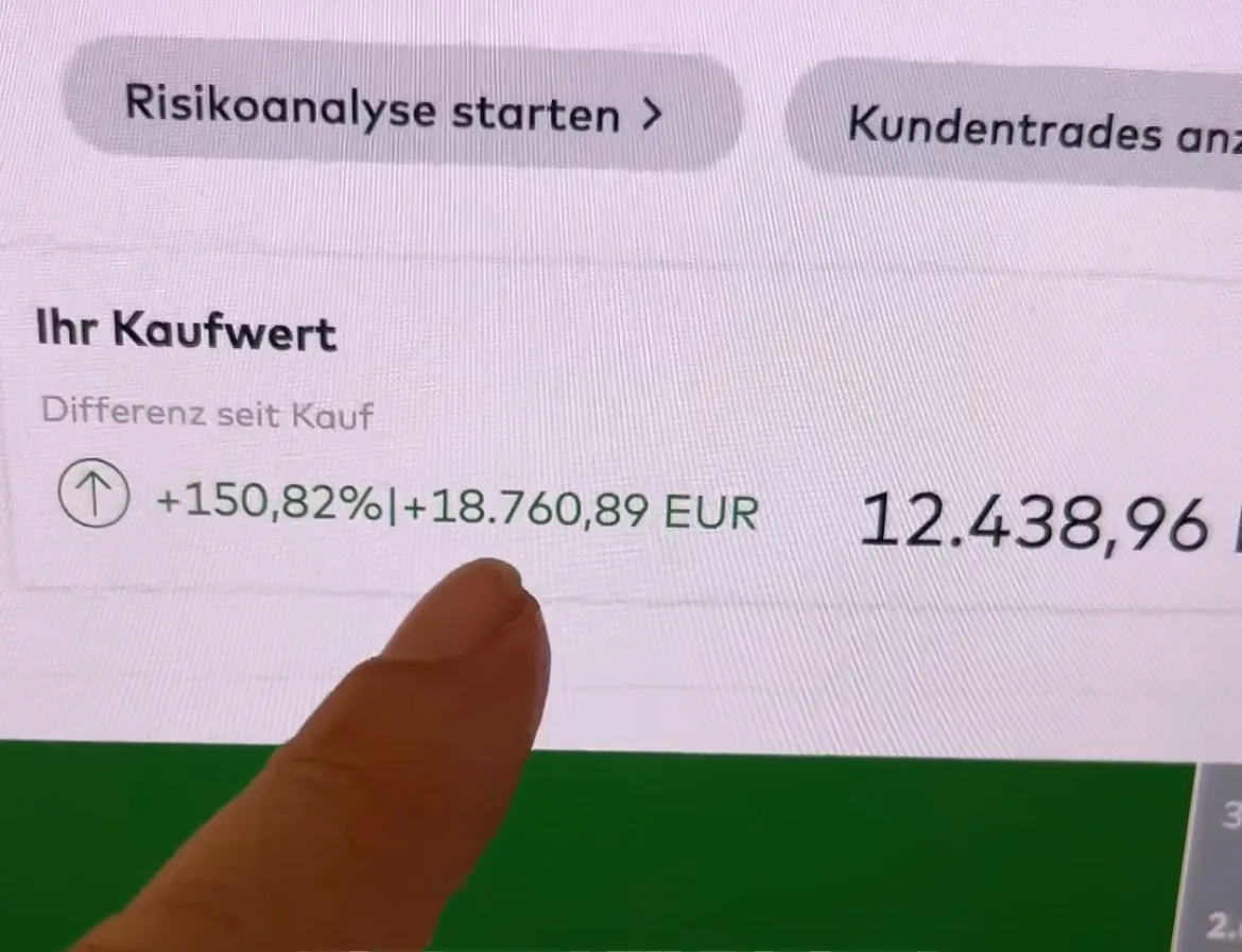 Smartphone-Screenshot zeigt Kaufwert und Risikoanalyse mit Gewinn von +150,82% und +18.760,89 EUR