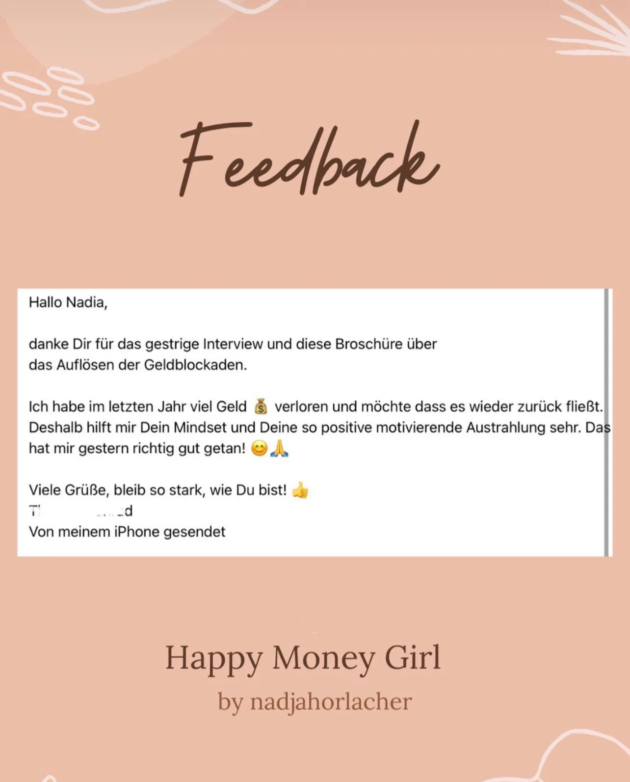 Feedback-Brief einer Kundin über positive Erfahrungen mit Nadja Horlacherss Mindset-Anleitung