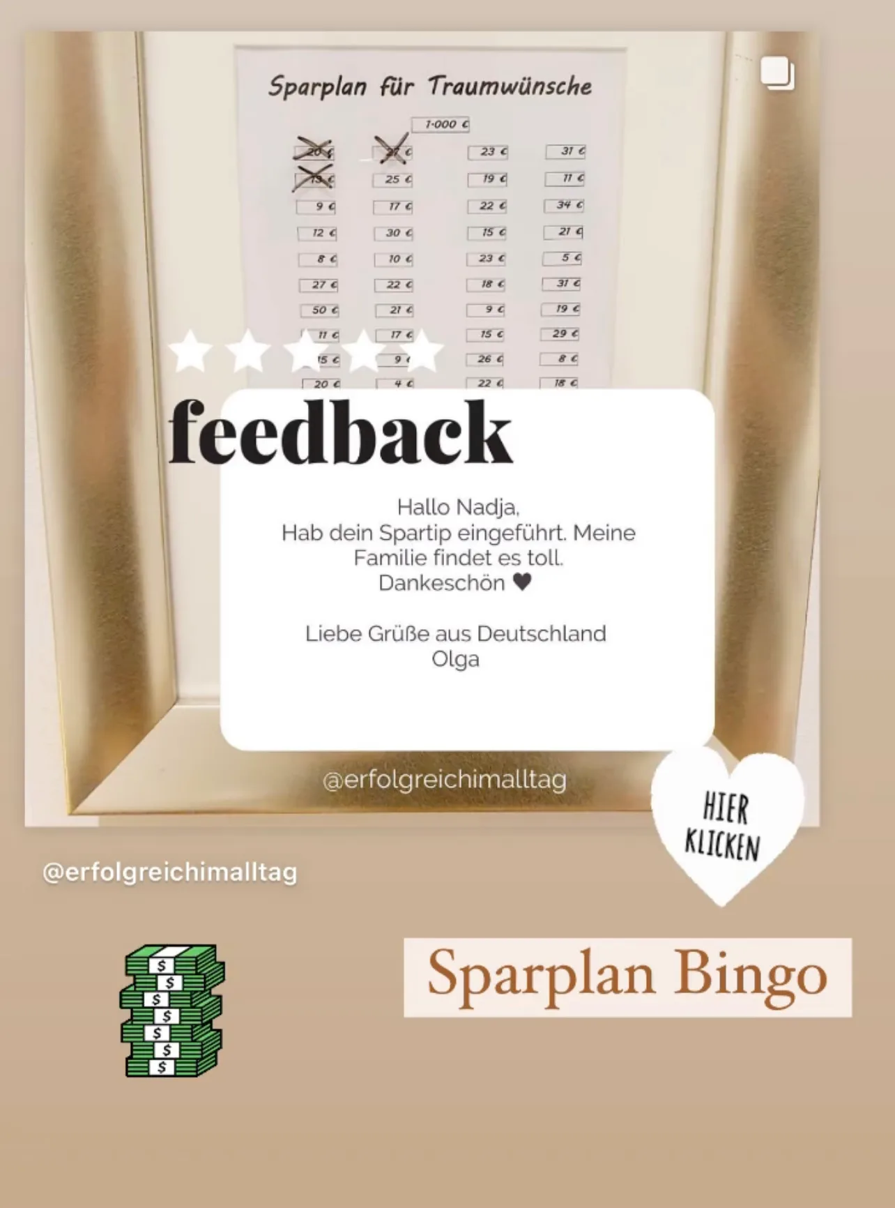 Feedback mit Sparplan-Bingo zu Happy Money Girl Kursen, Feedback von Olga über Spartipp