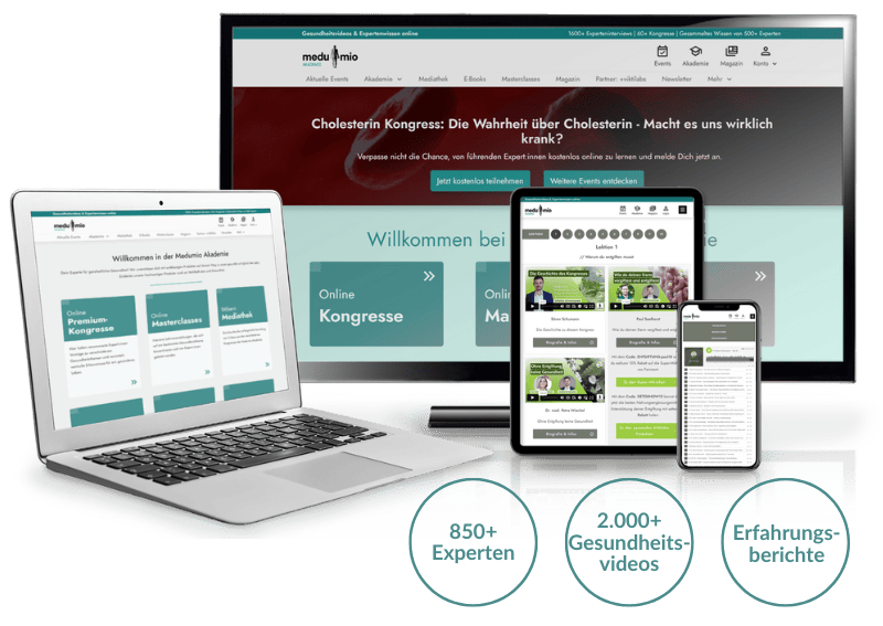 Mockup der Medumio Akademie Mitgliedschaft auf Laptop, Tablet und Smartphone mit 850+ Experten, 2000+ Gesundheitsvideos, Erfa