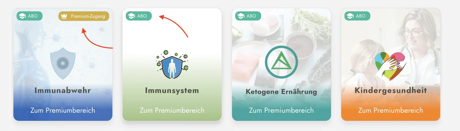 Vier Kurs-Kacheln für ABO-Zugang: Immunabwehr (blau), Immunsystem (grün mit Premium-Upgrade), Ketogene Ernährung (türkis), Ki