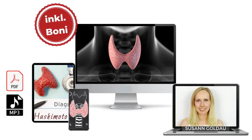 Hero-Banner zum Premium-Zugang Hashimoto Kongress mit Schilddrüsen-Anatomie, Diagnose-PDF, MP3-Dateien und Portrait von Susan