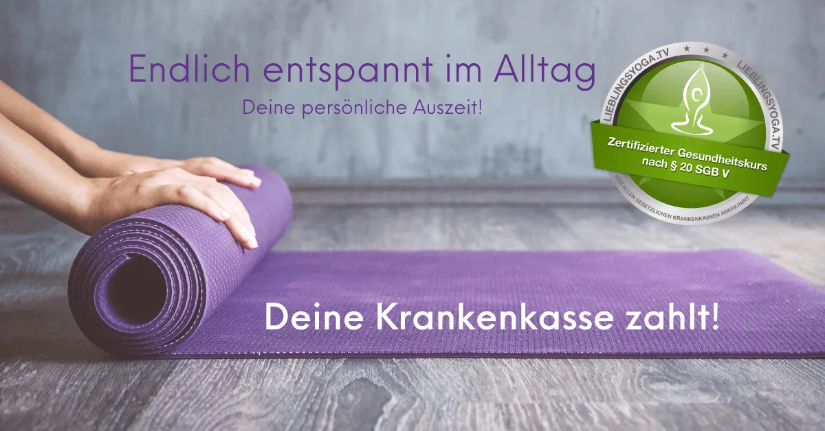 Hatha Yoga Online Präventionskurs mit violetter Yogamatte und Krankenkassen-Siegel