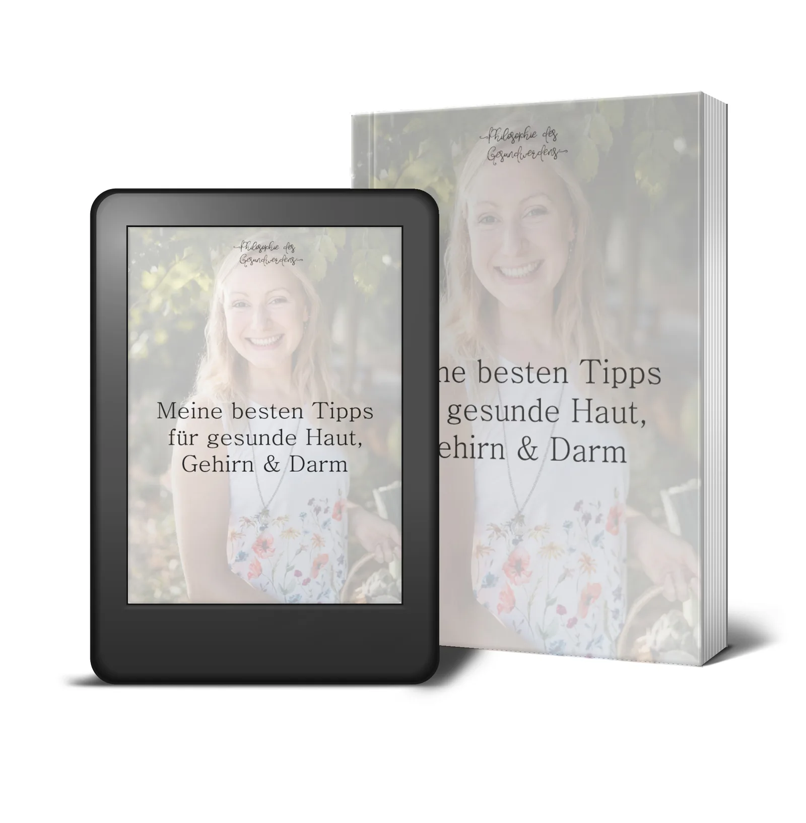 Haut-Darm-Hirngesundheit – Gesundheitscoaching von Dorothee Rund 1 Mockup E-Book und gedrucktes Buch 'Meine besten Tipps für gesunde Haut, Gehirn & Darm'