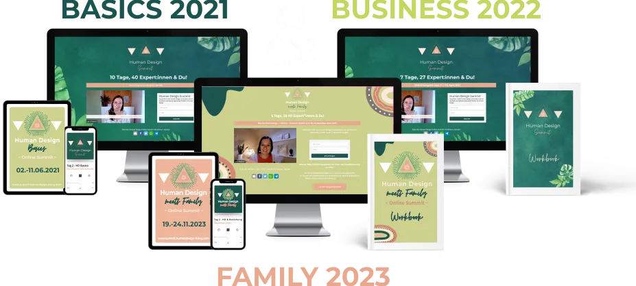 HD Summit 3 Family – Human-Design-Familienkongress von Laura Friedrich 3 Mockups der HD Summit-Varianten 2021, 2022 und 2023 nebeneinander auf Desktop, Tablet und Smartphone