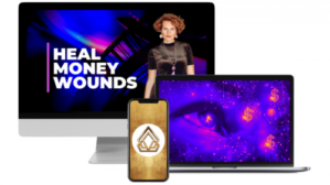 Mockup von Heal Money Wounds Coaching mit Monitor, Smartphone und Laptop auf violettem Hintergrund