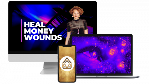 Heal Money Wounds – Coaching zu Geld-Glaubenssätzen von Stefanie Bruns 1 Mockup von Heal Money Wounds Coaching mit Monitor, Smartphone und Laptop auf violettem Hintergrund