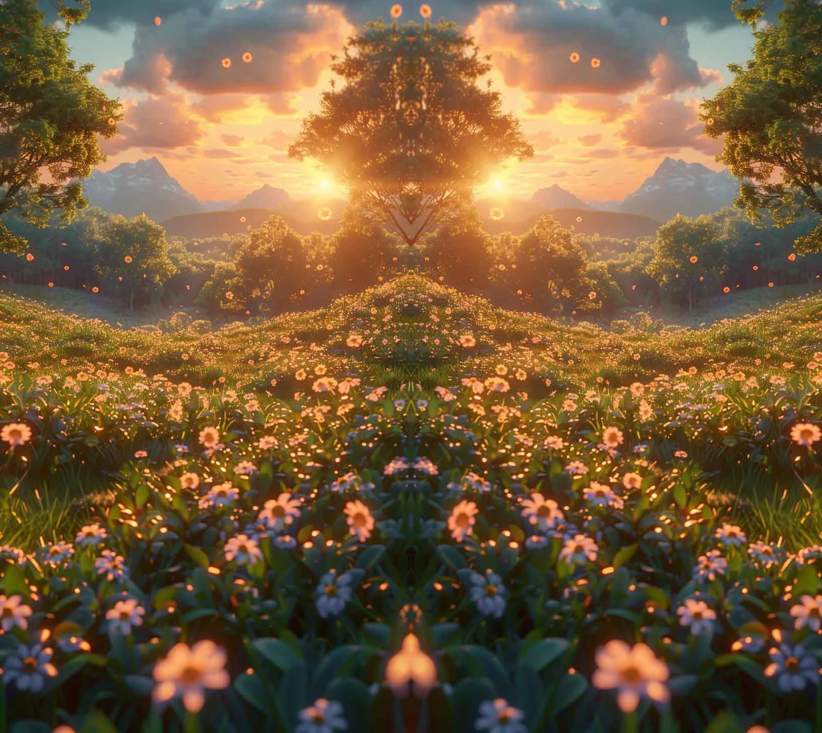 Abstrakte spirituelle Landschaft mit Blumenfeld, geometrischem Baum und Sonnenlicht, Heal-World-Symbolik