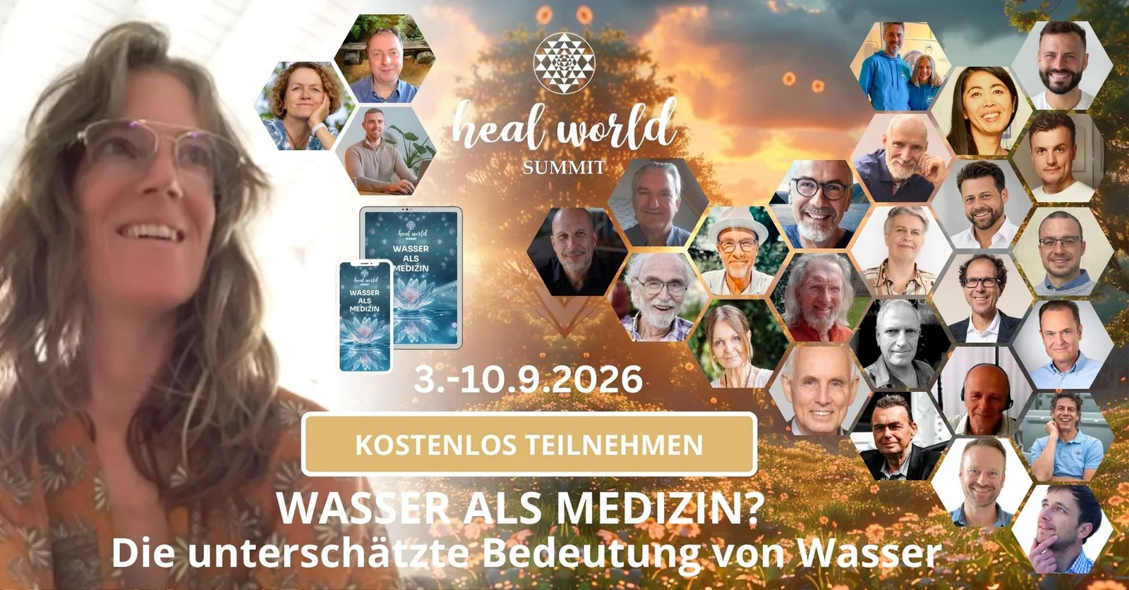 Heal World Summit Hero-Banner mit Speakern, Logo und Veranstaltungsdatum 3.-10.9.2026, Call-to-Action "Kostenlos teilnehmen",