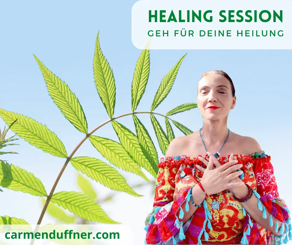 Carmen Duffner vor grünem Blatt mit Hand auf Herz, Text Healing Session Geh für Deine Heilung
