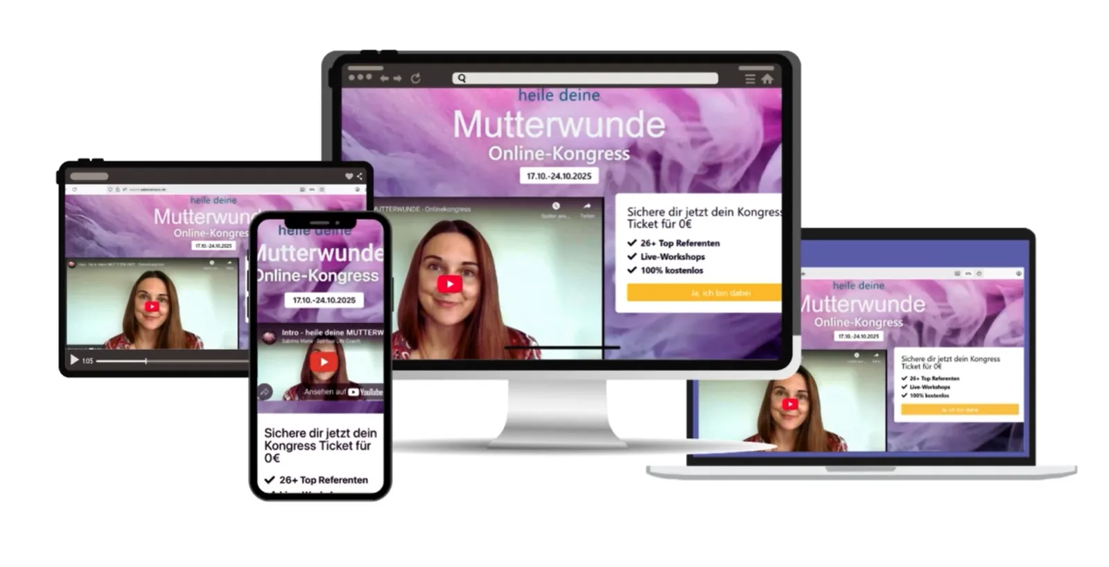Mockup des Online-Kongresses Heile deine Mutterwunde auf verschiedenen Geräten mit Moderatorin