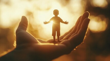 Silhouette eines Kindes in schützenden Händen im Gegenlicht