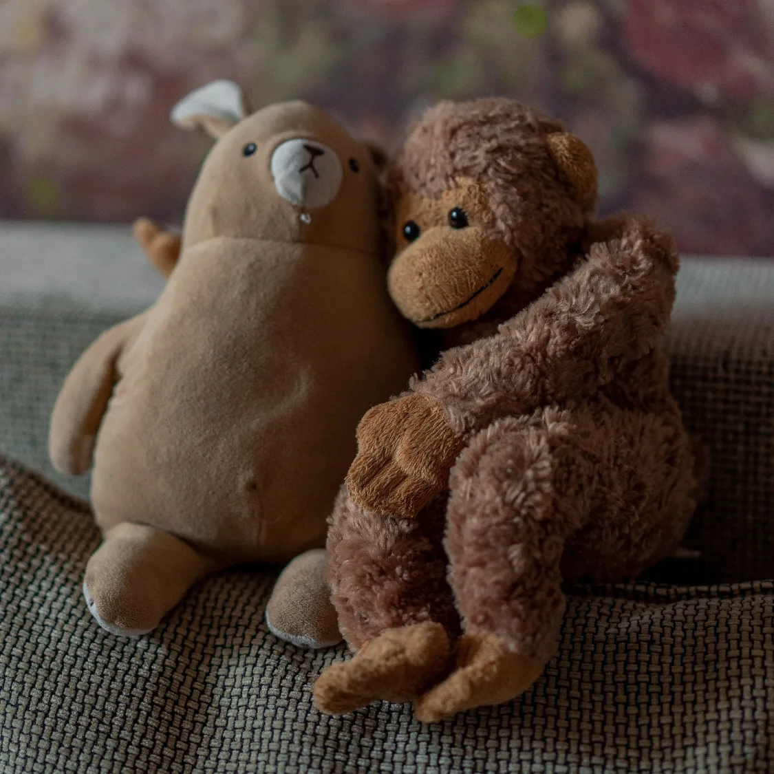 Zwei Kuscheltiere Bär und Affe sitzen zusammen auf grauem Untergrund