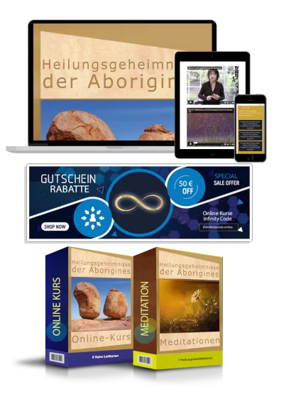 Mockup des Online-Kurses Heilungsgeheimnisse der Aborigines auf Laptop, Tablet und Smartphone