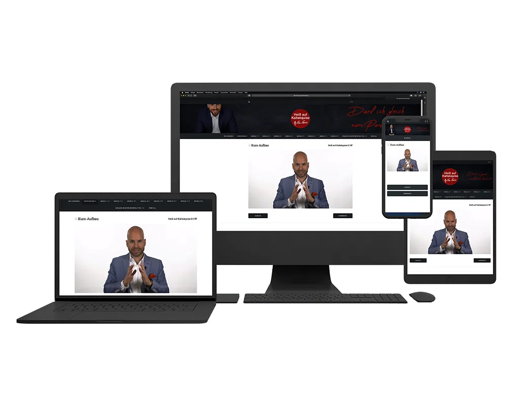 Responsive Mockup Online-Kurs auf Desktop, Tablet und Smartphone mit Tim Taxis Video