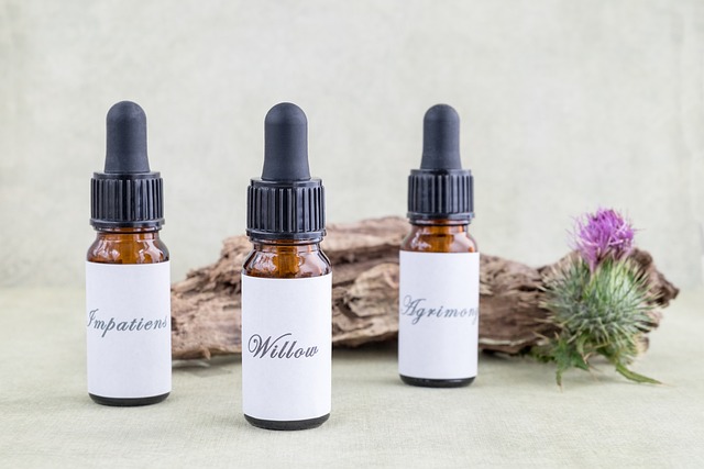 Herzenstiere und Silvester Kongresspaket Premium – Tierangst-Kurs 23 Drei Tropfflaschen mit Bachblüten-Etiketten und violette Blüte auf Holzuntergrund