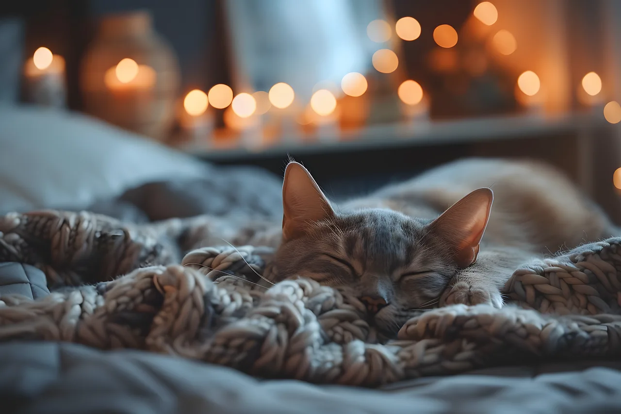 Herzenstiere und Silvester Kongresspaket Premium – Tierangst-Kurs 24 Getigerte Katze schläft auf Wolldecke mit verschwommenem Bokeh-Hintergrund mit warmen Lichtern