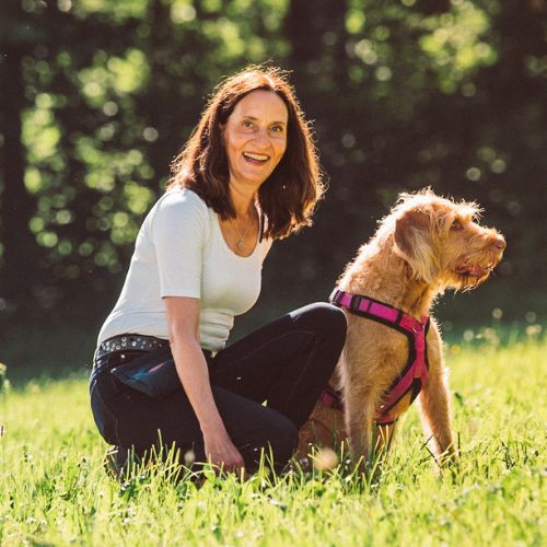 Herzenstiere und Silvester Kongresspaket Premium – Tierangst-Kurs 13 Bettina Haas mit braunem Terrier auf grüner Wiese