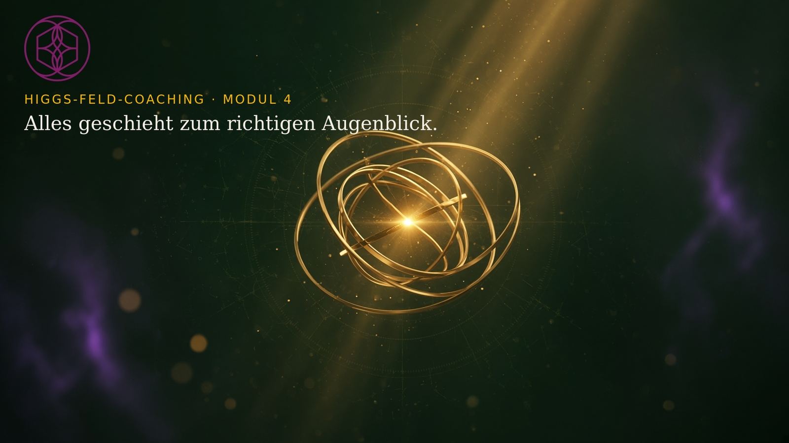 Higgs-Feld-Coaching Modul 4 mit konzentrischen goldenen Ringen, die sich in Lichtpunkt treffen