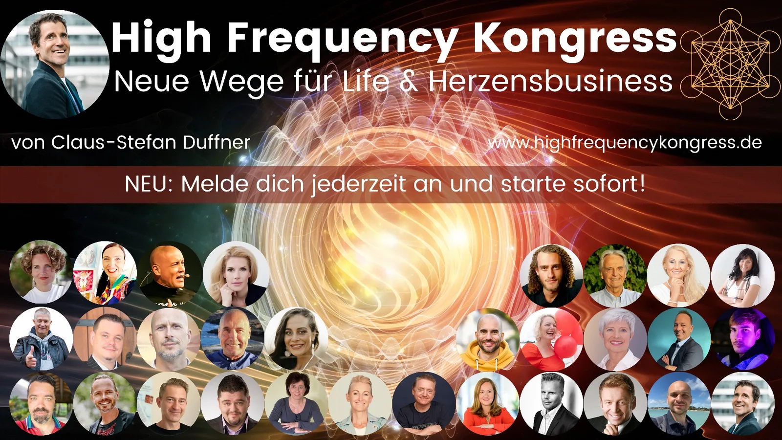 High Frequency Kongress Anmeldungs-Banner mit Call-to-Action und Speaker-Galerie