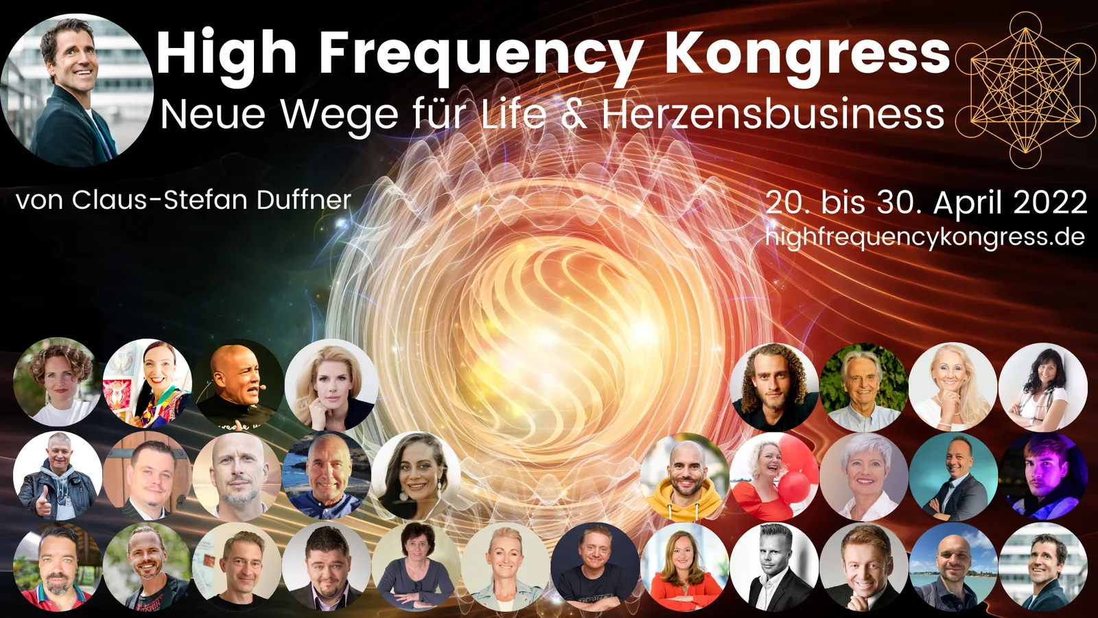 High Frequency Kongress Hero-Image mit Veranstalter Claus-Stefan Duffner, Veranstaltungsdatum April 2022 und Speaker-Portrait