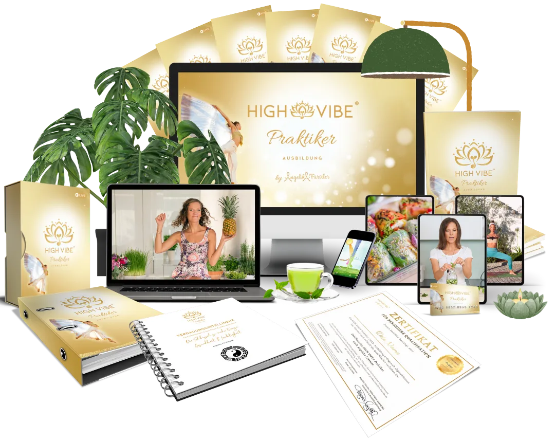 Mockup der HIGH VIBE® Praktiker Ausbildung zeigt Laptop, Tablets, Smartphone, Workbooks und Zertifikat auf Weiß