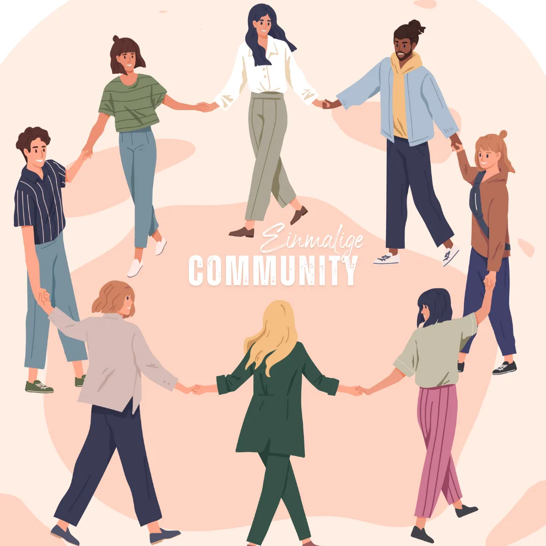 Illustration von acht diversen Menschen in Kreis haltend mit Text Einmalige Community