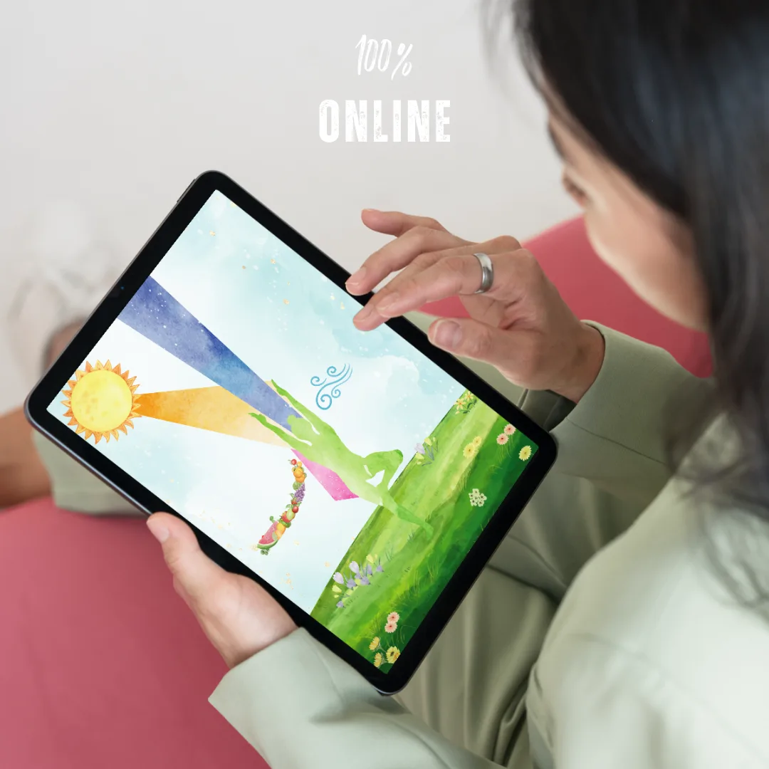 Kind hält Tablet mit bunten Illustrationen und Text 100% Online