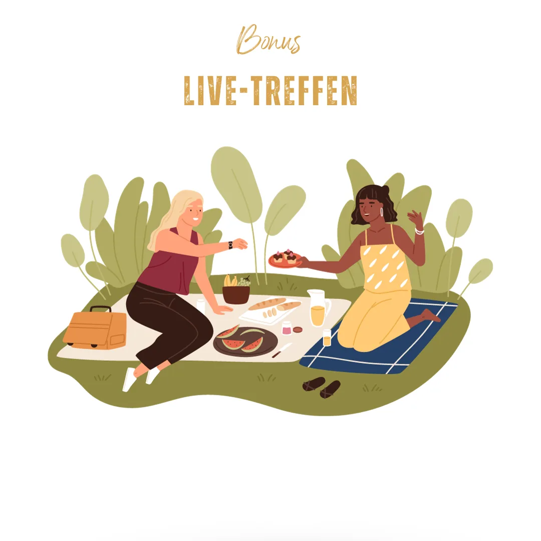 Illustration von zwei Frauen beim Picknick im Park mit Text Bonus Live-Treffen
