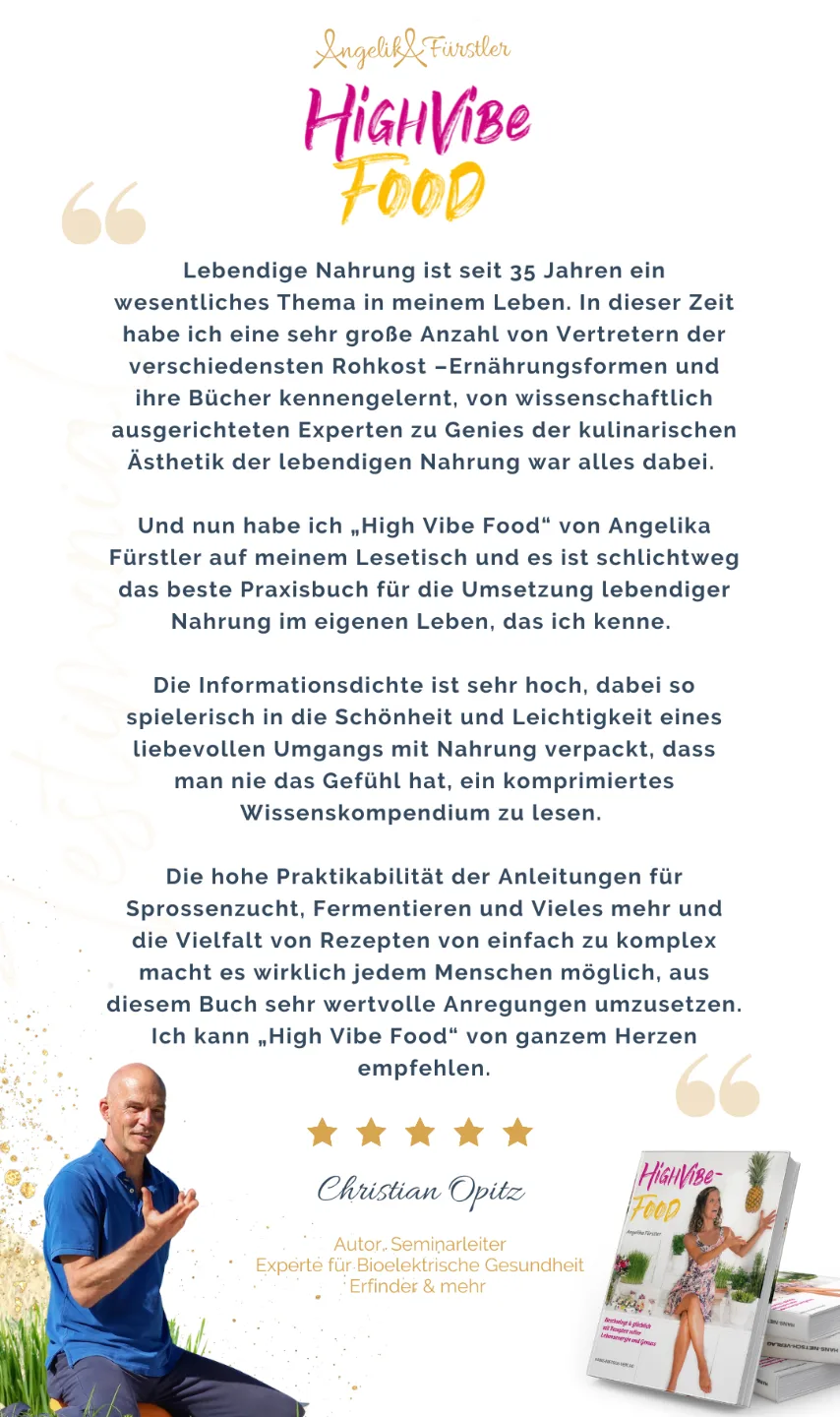 Testimonial von Christian Opitz zu High Vibe Food mit Autor-Porträt und Buchcover
